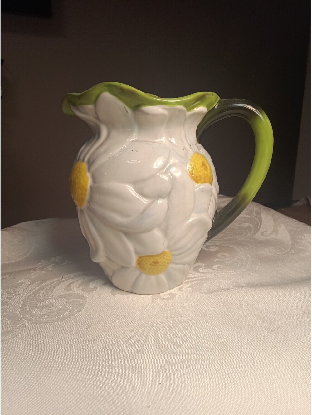 Retro Teleflora White & Yellow Daisy Ceramic Pitcher Cottagecore Decor1980s